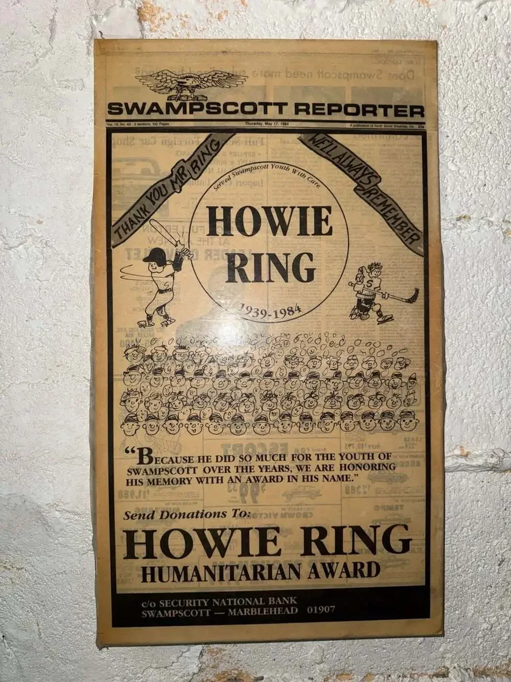 Vintage 1984 Swampscott Reporter Howie Ring Humanitarian Award Tribute Newspaper